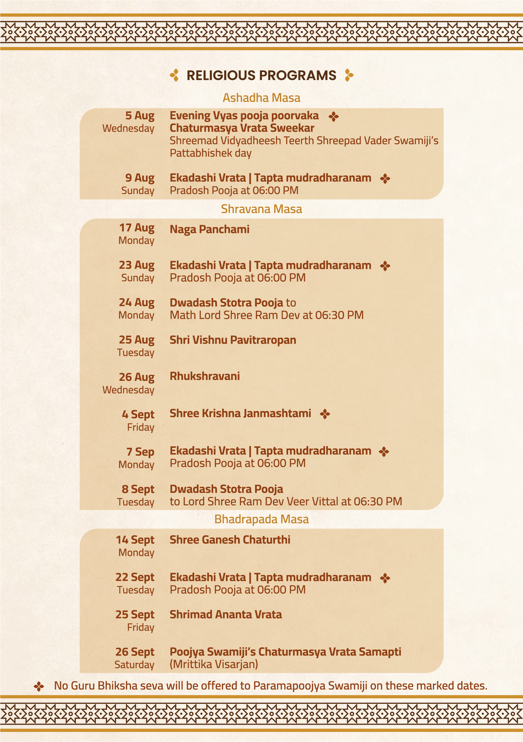 Religious Programs — Ashadha, Shravana, Bhadrapada Masa